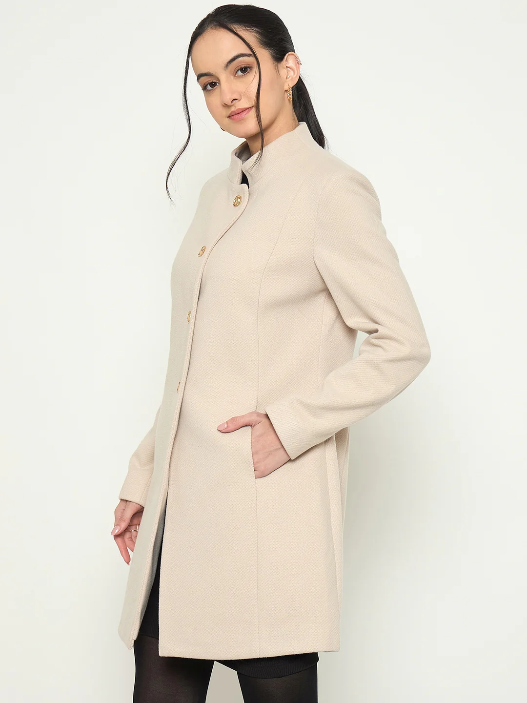 Madame stand Collar Off White Long Coat - Image 5
