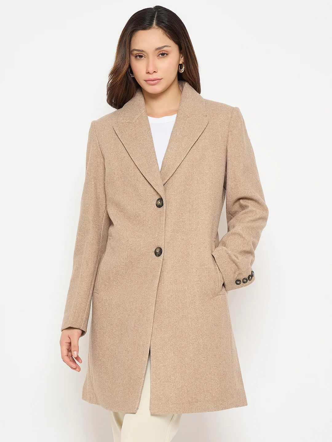 Madame Lapel Notch Collar Beige Long Coat with Buttons