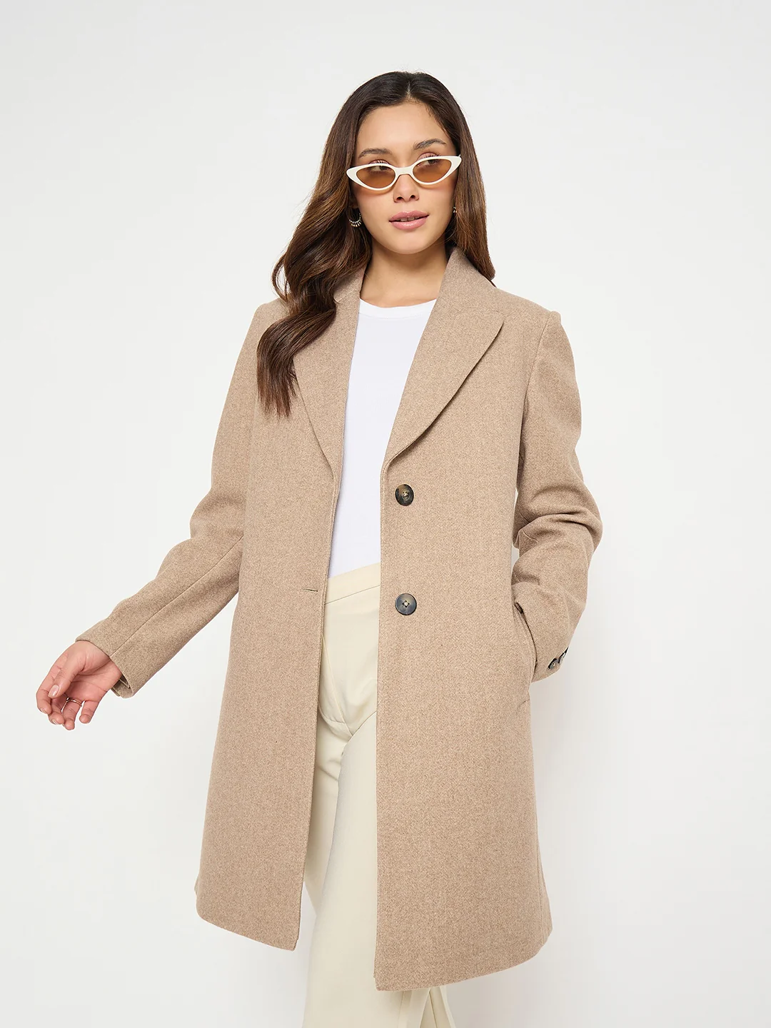 Madame Lapel Notch Collar Beige Long Coat with Buttons - Image 2