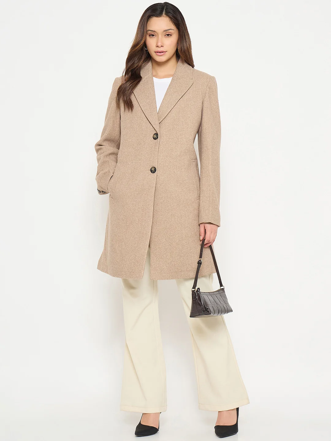 Madame Lapel Notch Collar Beige Long Coat with Buttons - Image 3