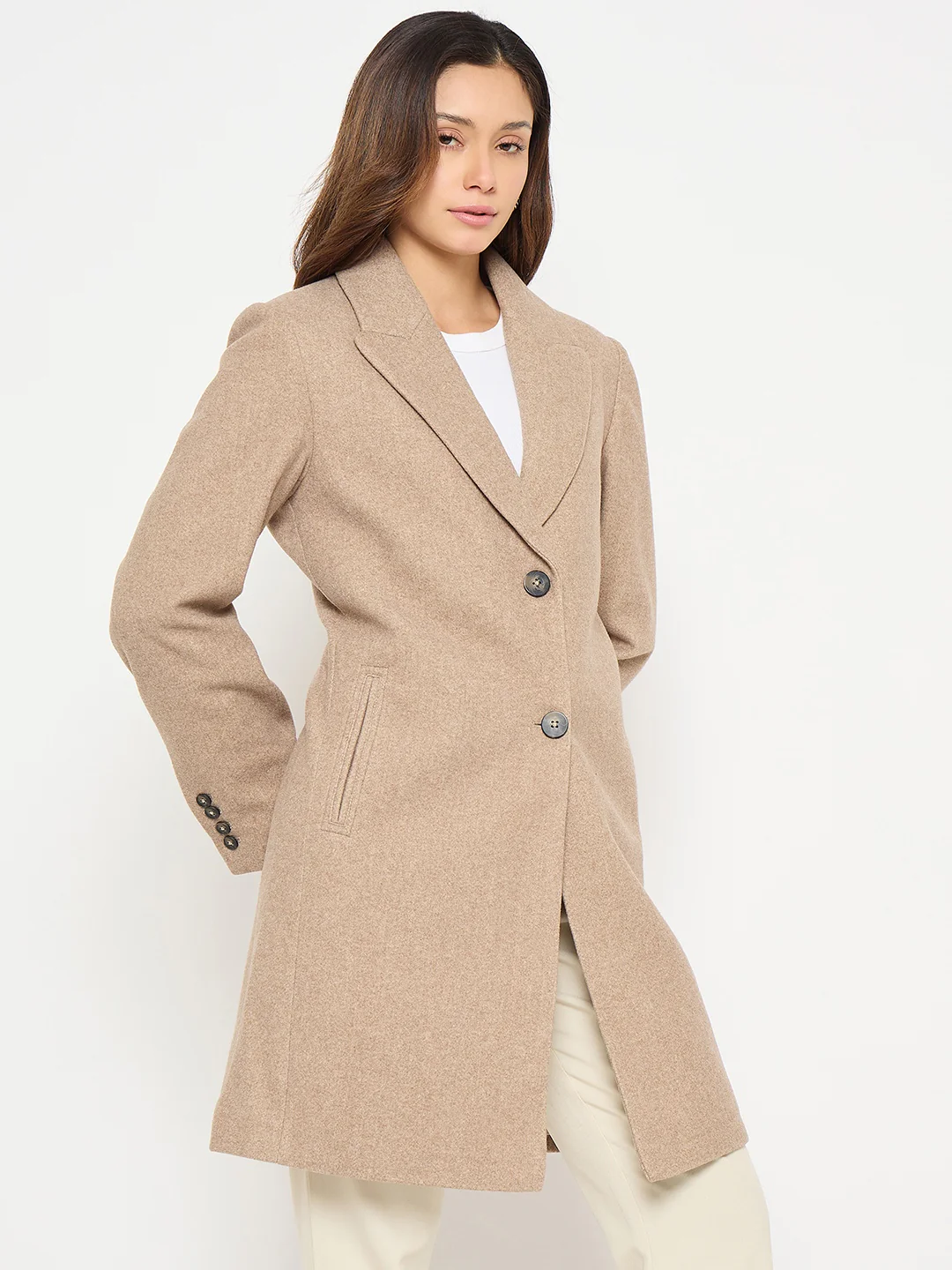 Madame Lapel Notch Collar Beige Long Coat with Buttons - Image 4
