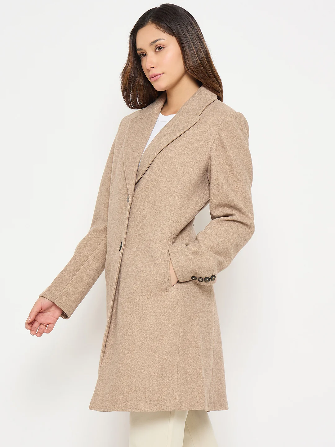 Madame Lapel Notch Collar Beige Long Coat with Buttons - Image 5
