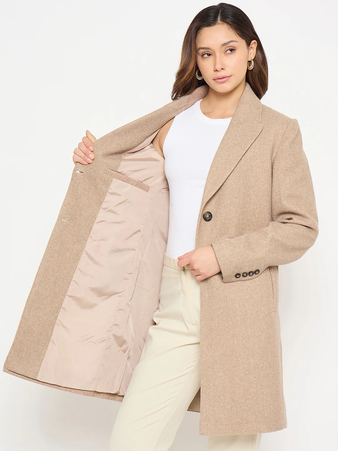 Madame Lapel Notch Collar Beige Long Coat with Buttons - Image 6