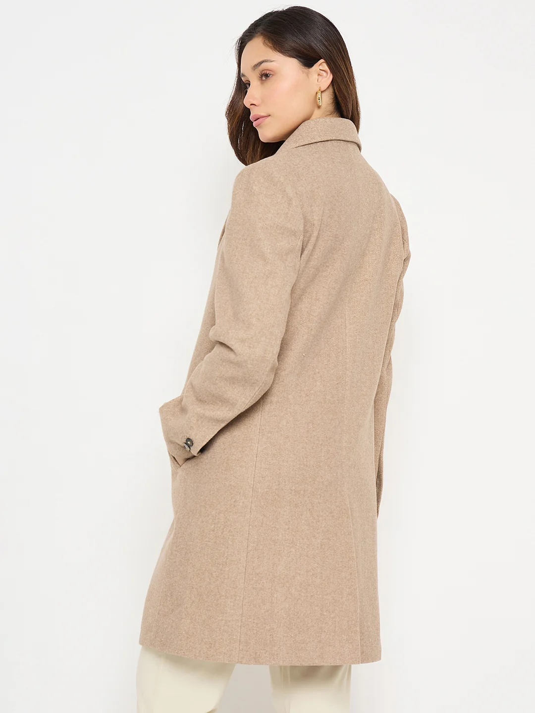 Madame Lapel Notch Collar Beige Long Coat with Buttons - Image 7