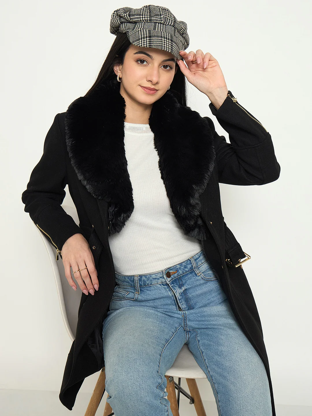 Madame Faux Fur Shawl Collar Long Coat with Belt - Image 2