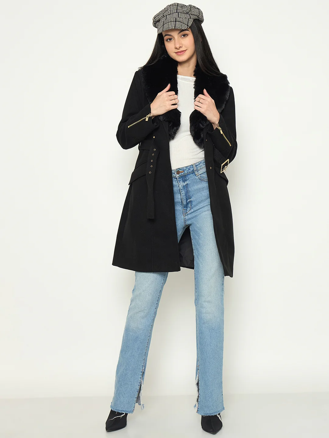 Madame Faux Fur Shawl Collar Long Coat with Belt - Image 3