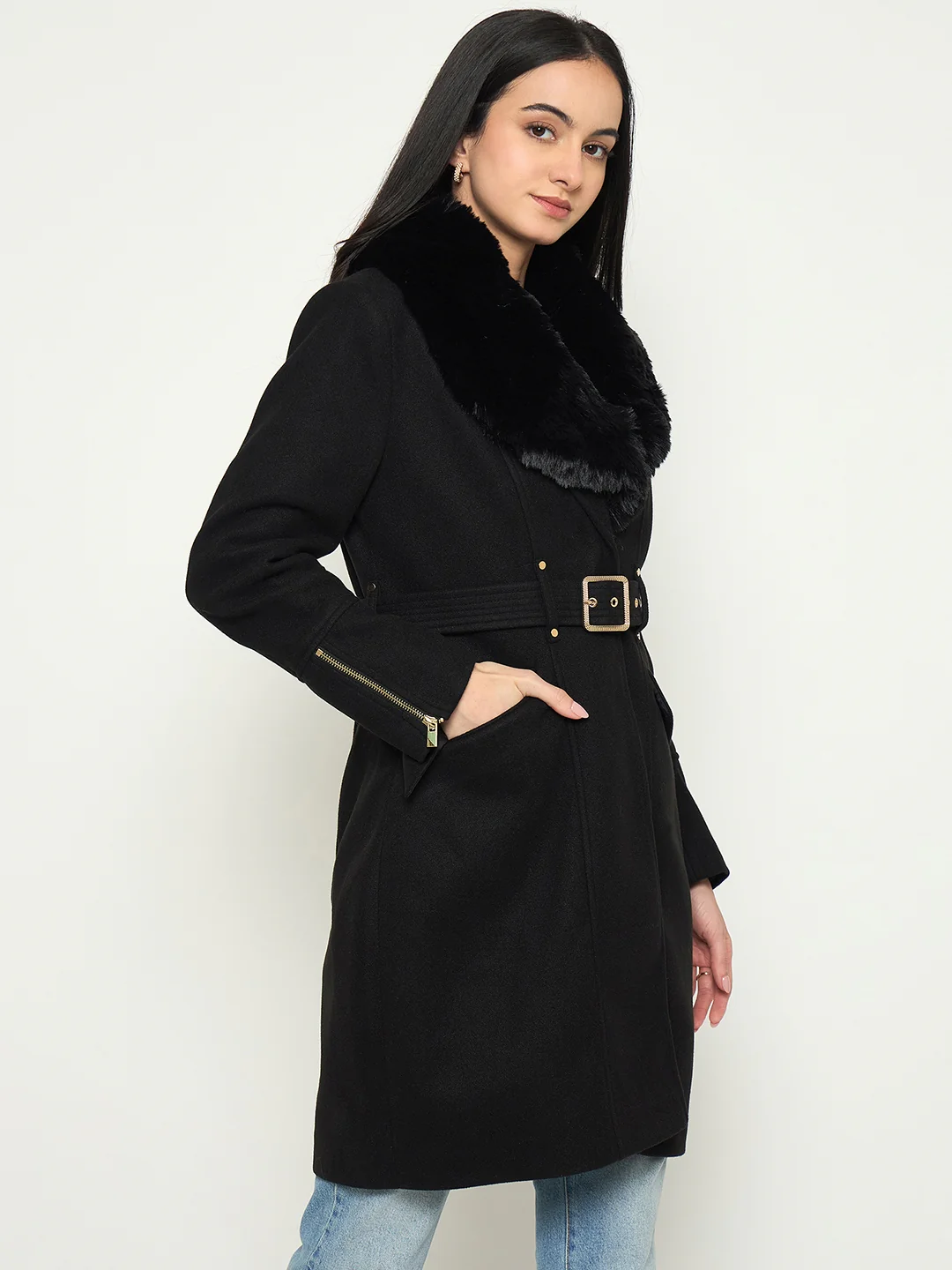 Madame Faux Fur Shawl Collar Long Coat with Belt - Image 4