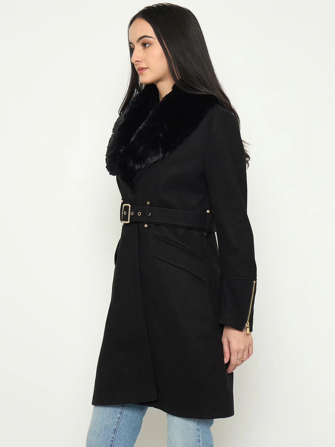 Madame Faux Fur Shawl Collar Long Coat with Belt - Image 5
