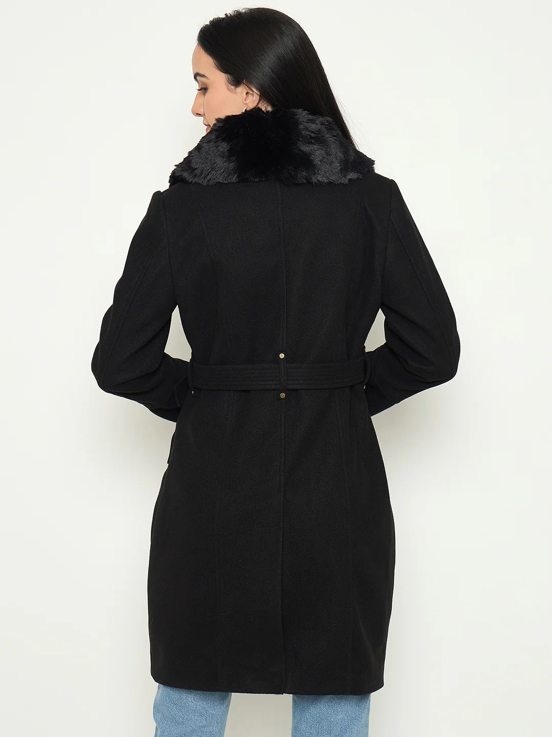 Madame Faux Fur Shawl Collar Long Coat with Belt - Image 6