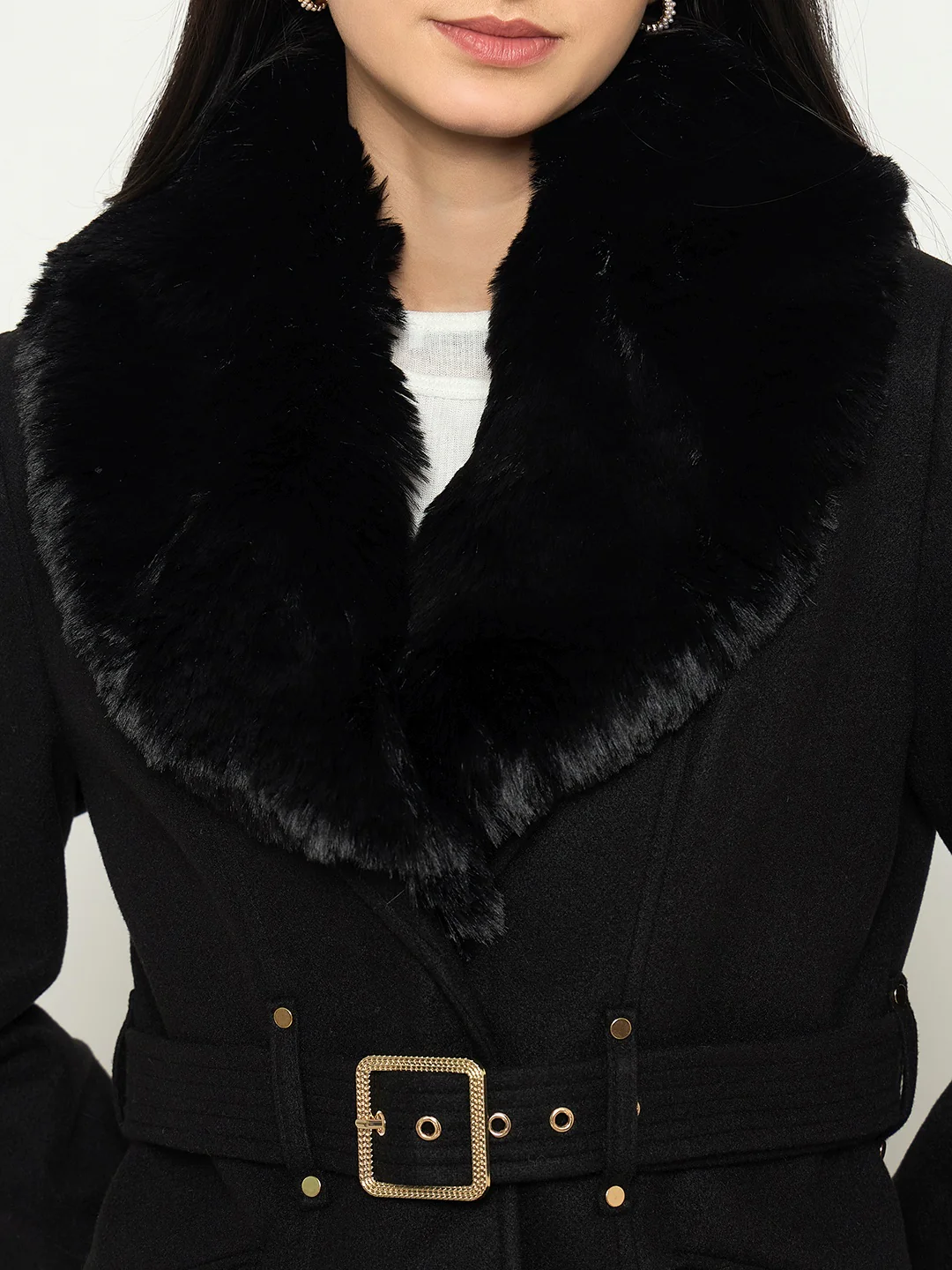 Madame Faux Fur Shawl Collar Long Coat with Belt - Image 7