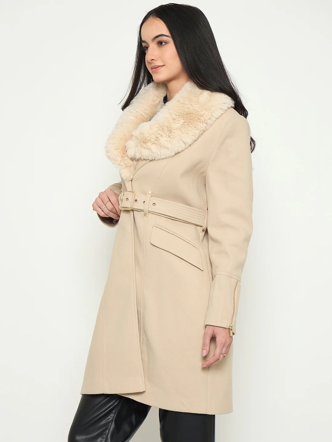 Madame Faux Fur Shawl Collar Long Coat with Belt - Image 5