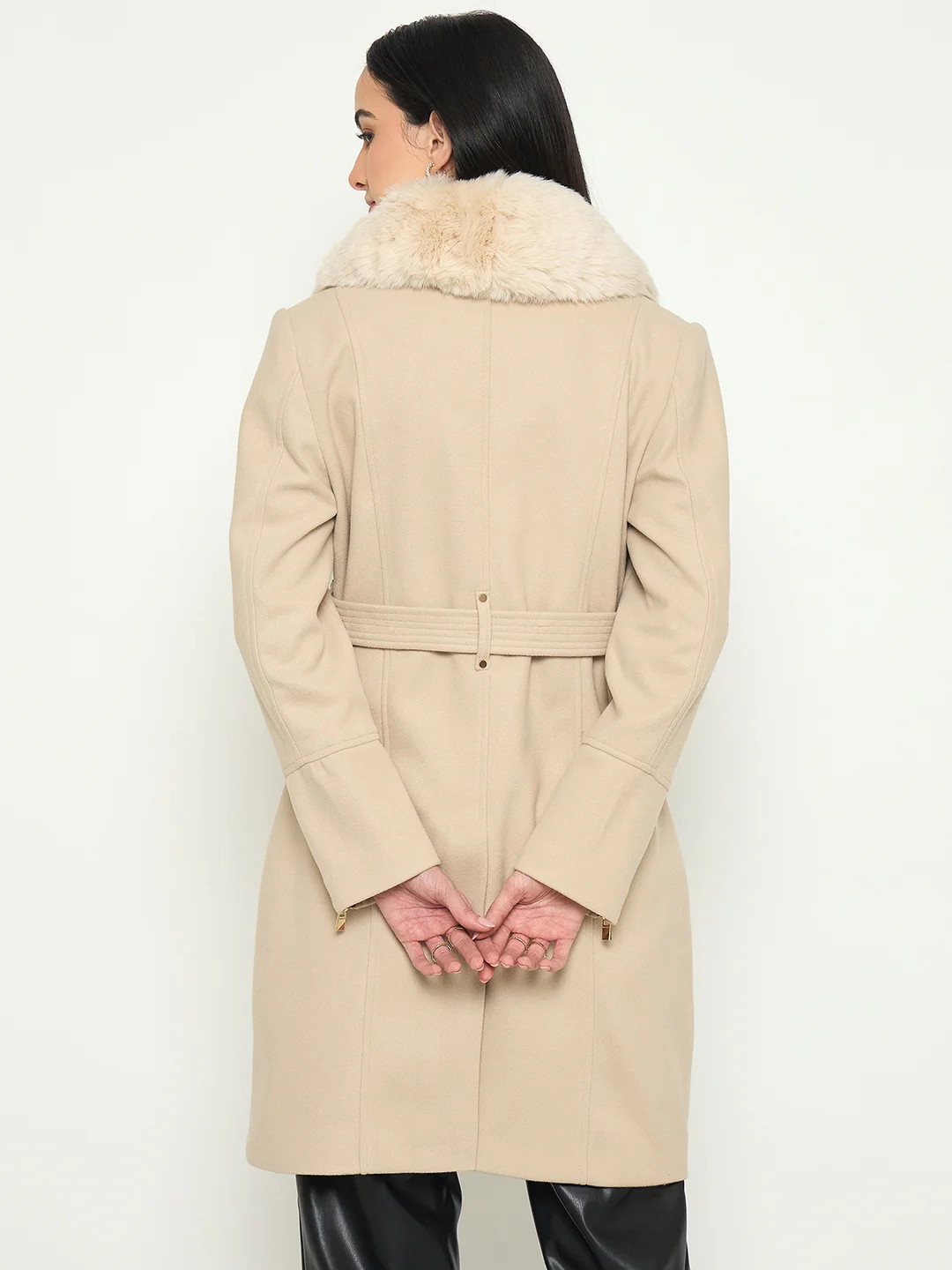 Madame Faux Fur Shawl Collar Long Coat with Belt - Image 6