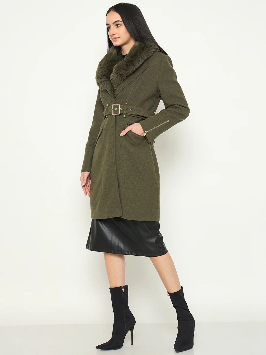 Madame Faux Fur Shawl Collar Long Coat with Belt - Image 5