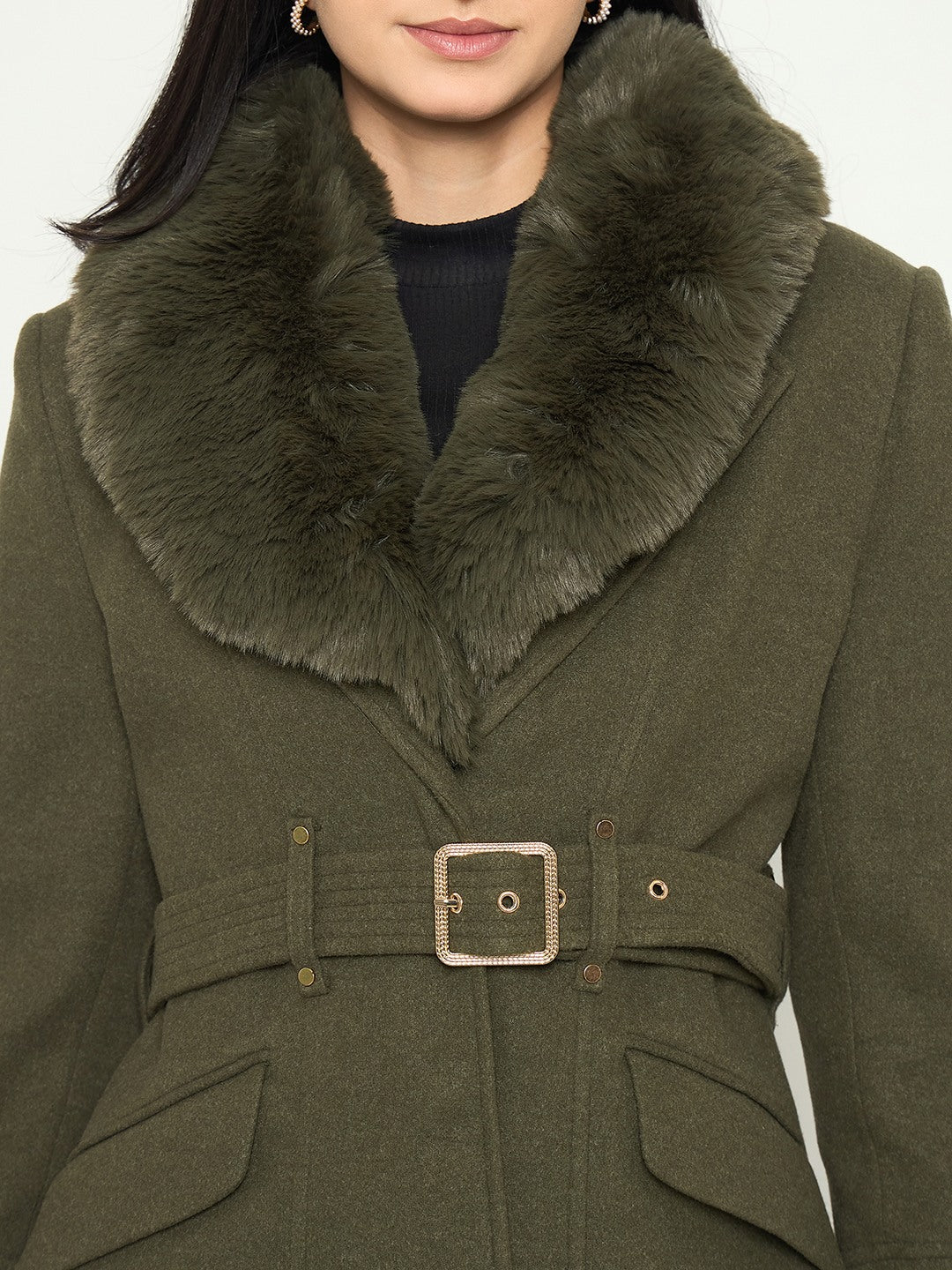 Madame Faux Fur Shawl Collar Long Coat with Belt - Image 7
