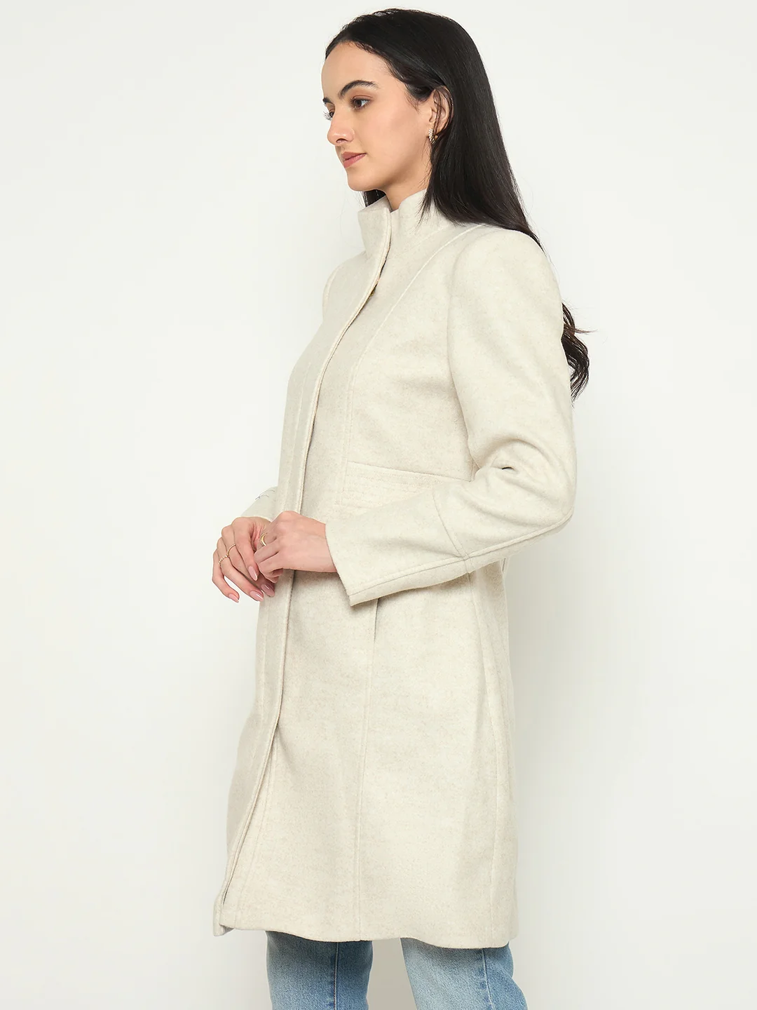 Madame Stand Collar Beige Long Coat - Image 5