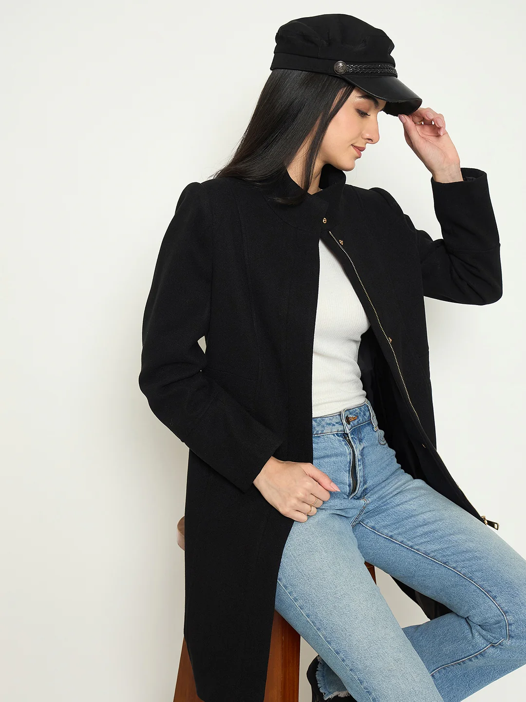Madame Mock Neck Long Coat with Buttons - Image 2