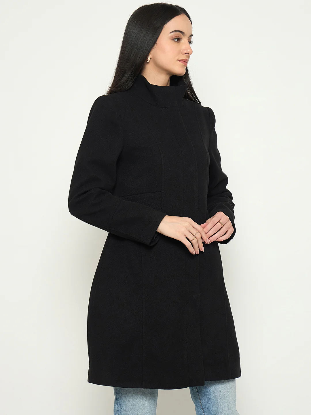 Madame Mock Neck Long Coat with Buttons - Image 4