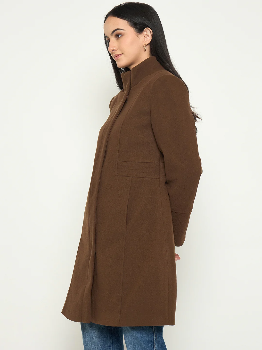 Madame Brown Mock Neck Long Coat with Buttons - Image 4
