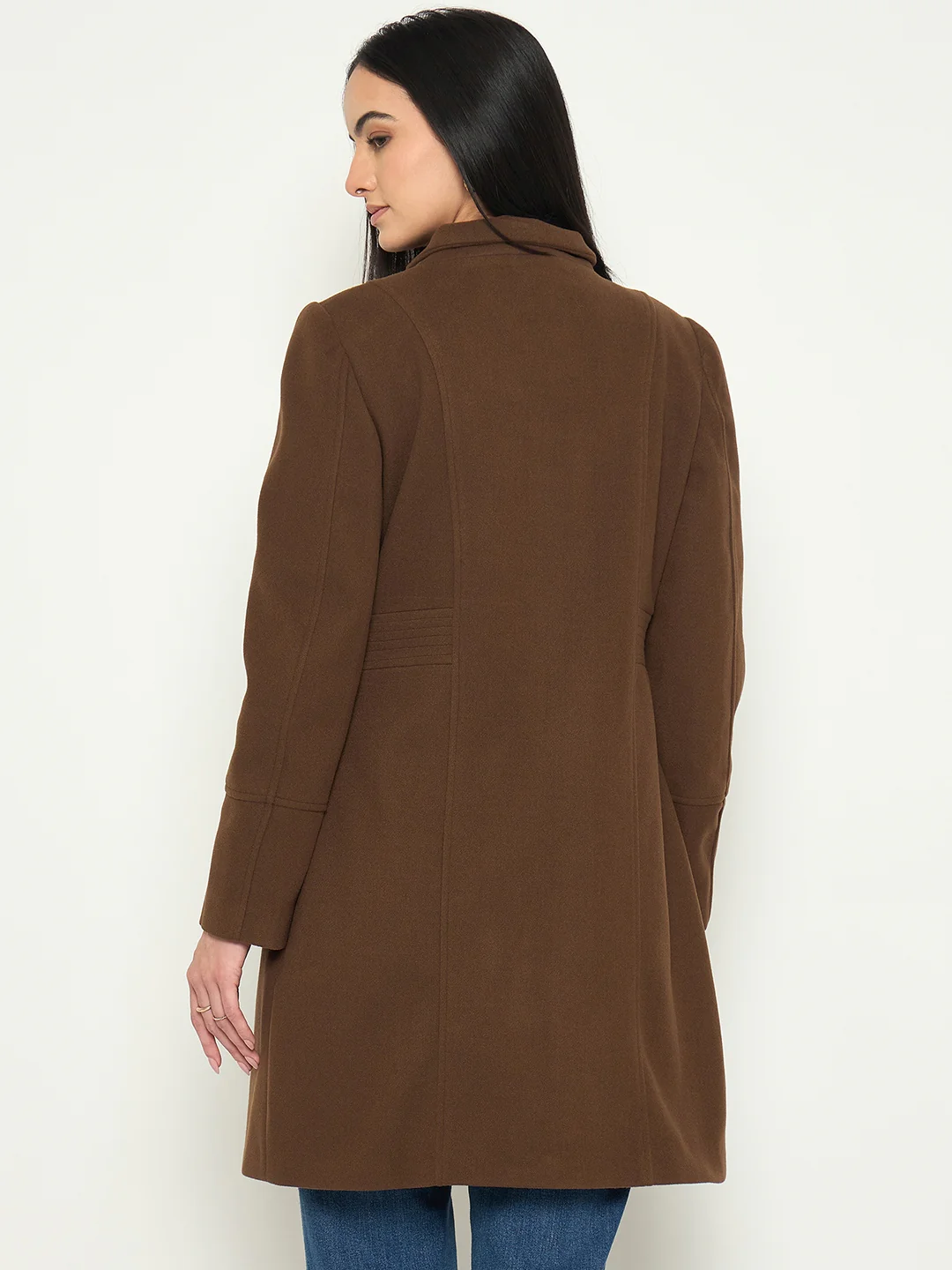 Madame Brown Mock Neck Long Coat with Buttons - Image 6