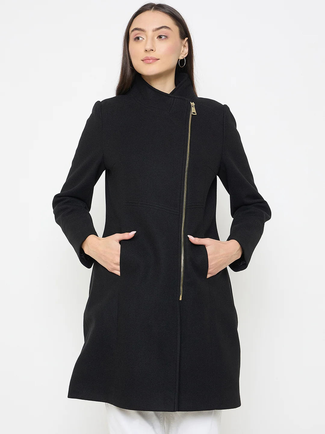 Madame Faux Fur Collar Black Long Coat - Image 3