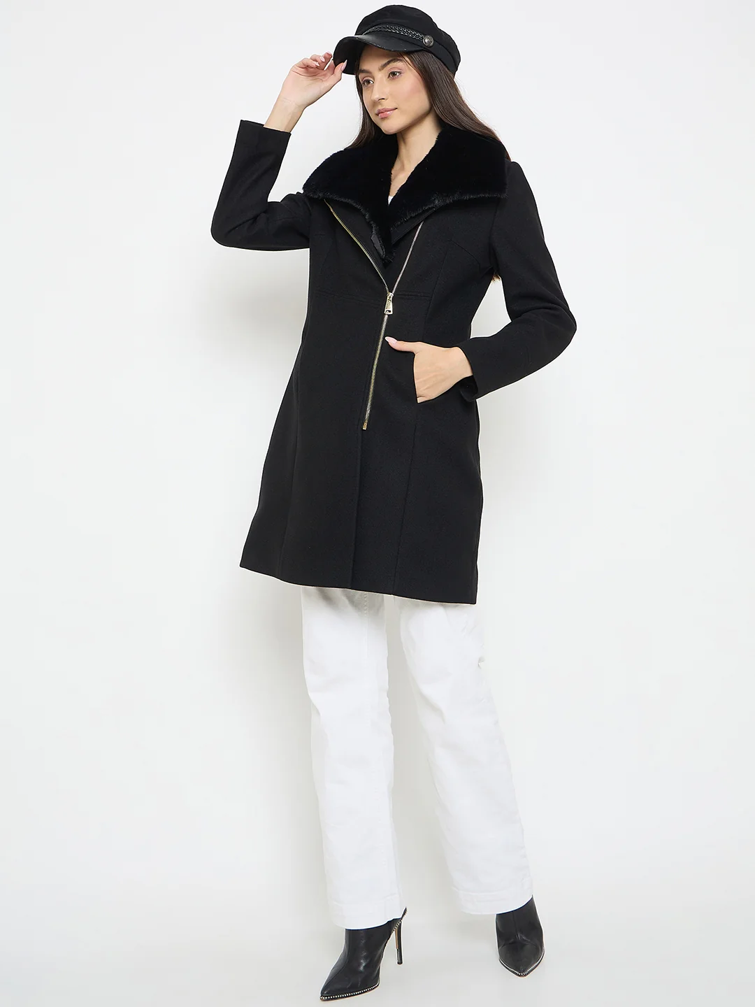 Madame Faux Fur Collar Black Long Coat - Image 4
