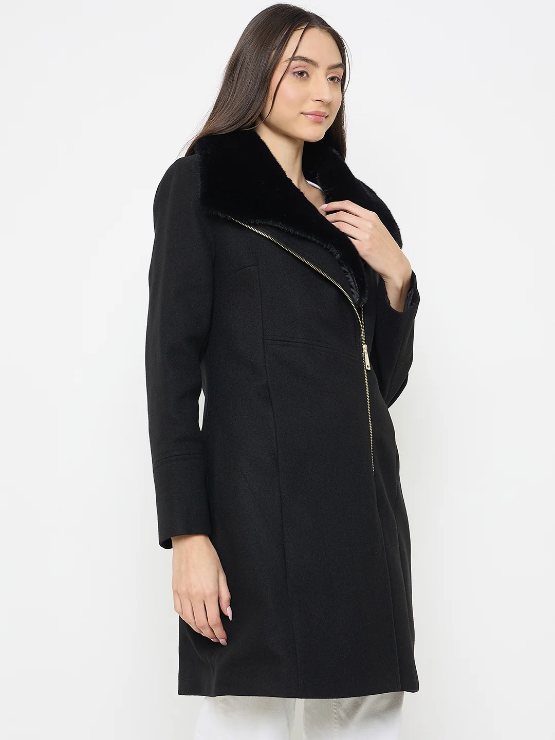 Madame Faux Fur Collar Black Long Coat - Image 5