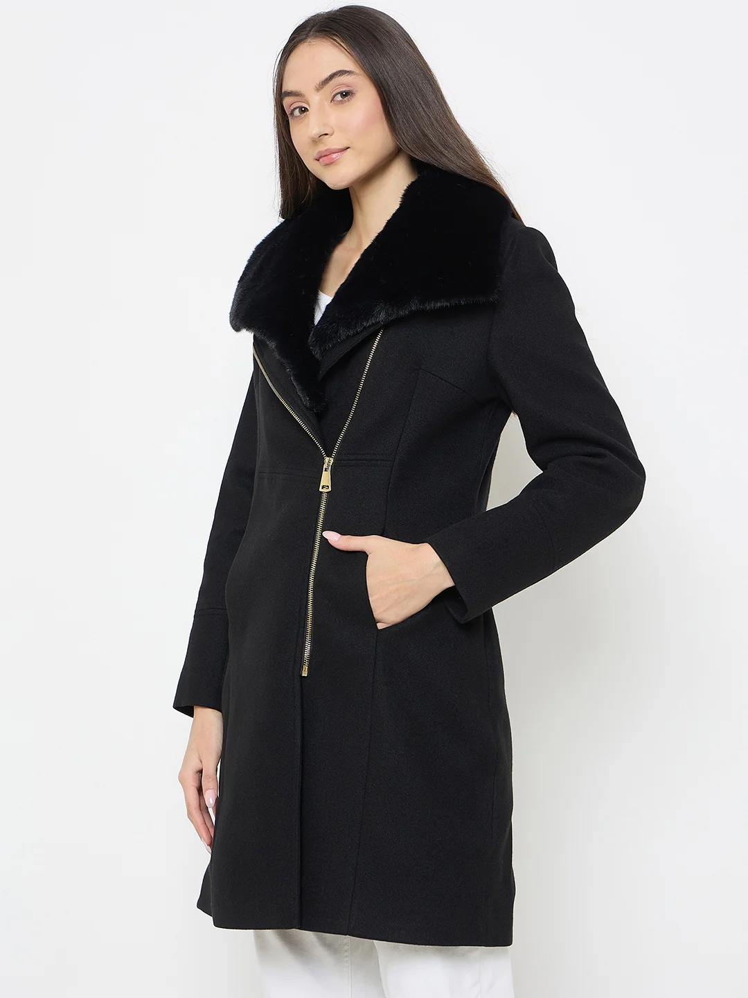 Madame Faux Fur Collar Black Long Coat - Image 6