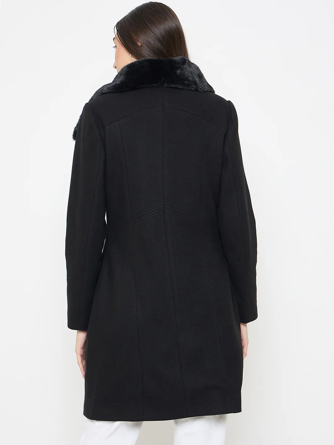 Madame Faux Fur Collar Black Long Coat - Image 7