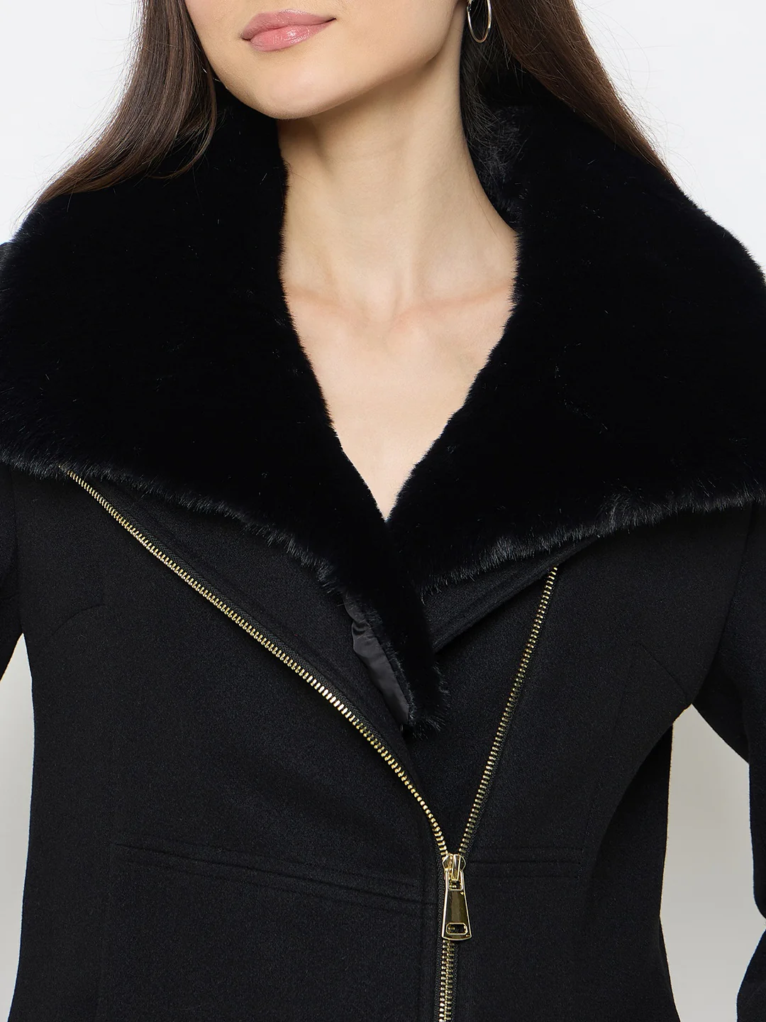 Madame Faux Fur Collar Black Long Coat - Image 8