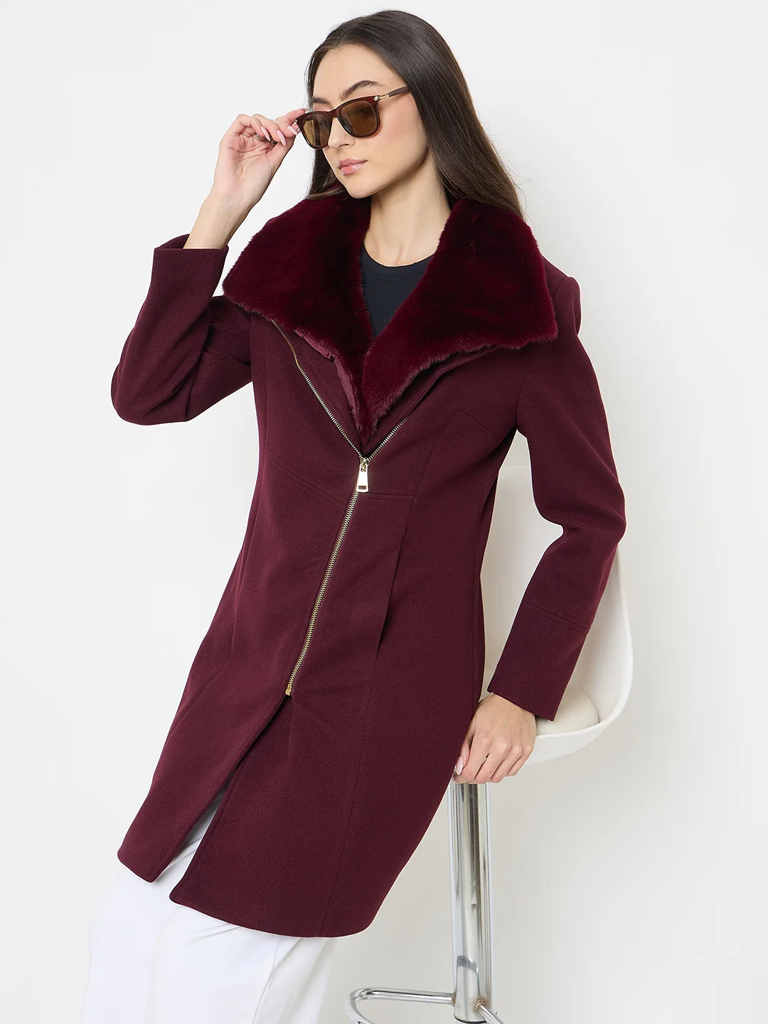 Madame Faux Fur Neckline Maroon Long Coat - Image 2