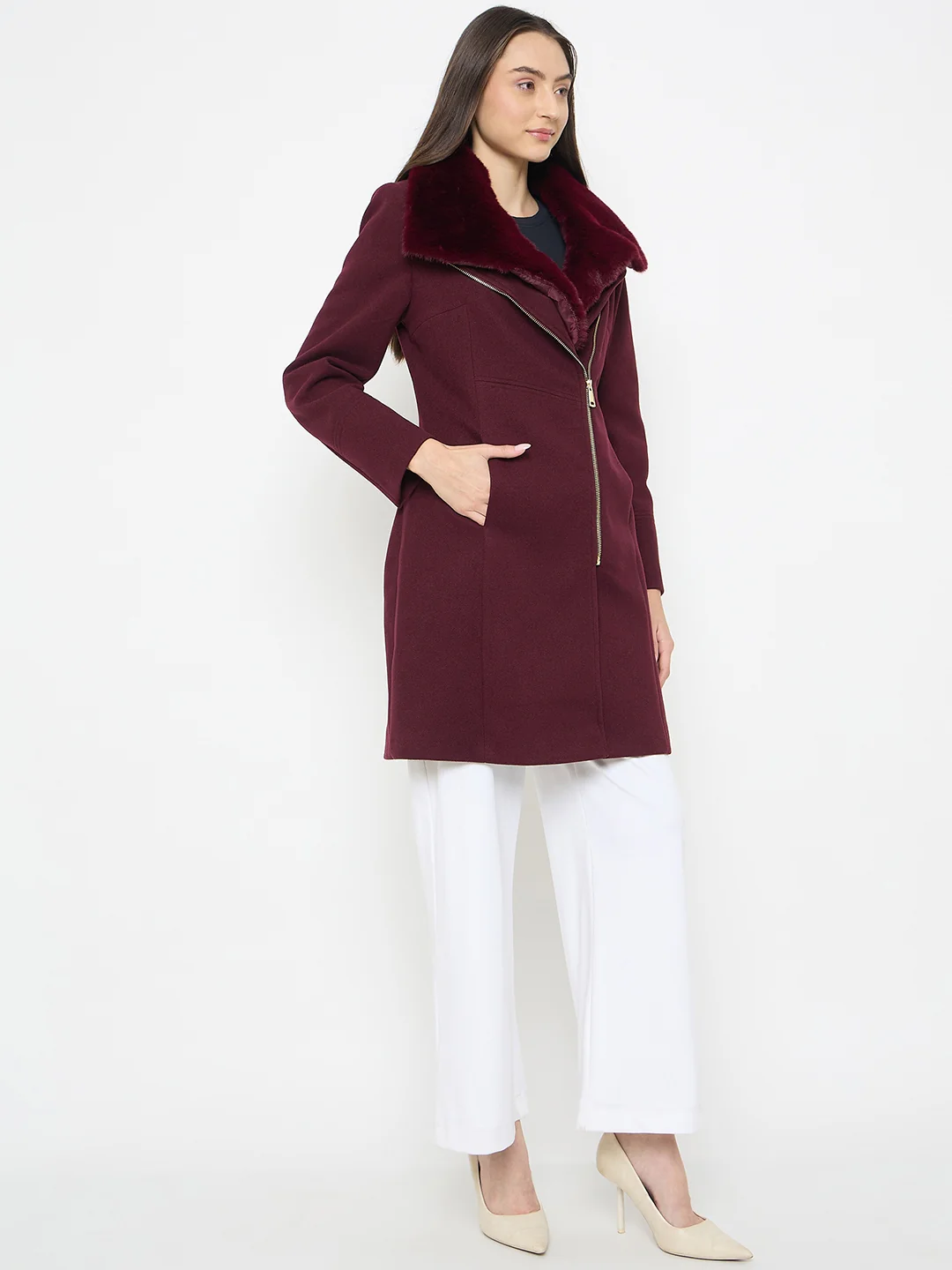 Madame Faux Fur Neckline Maroon Long Coat - Image 5