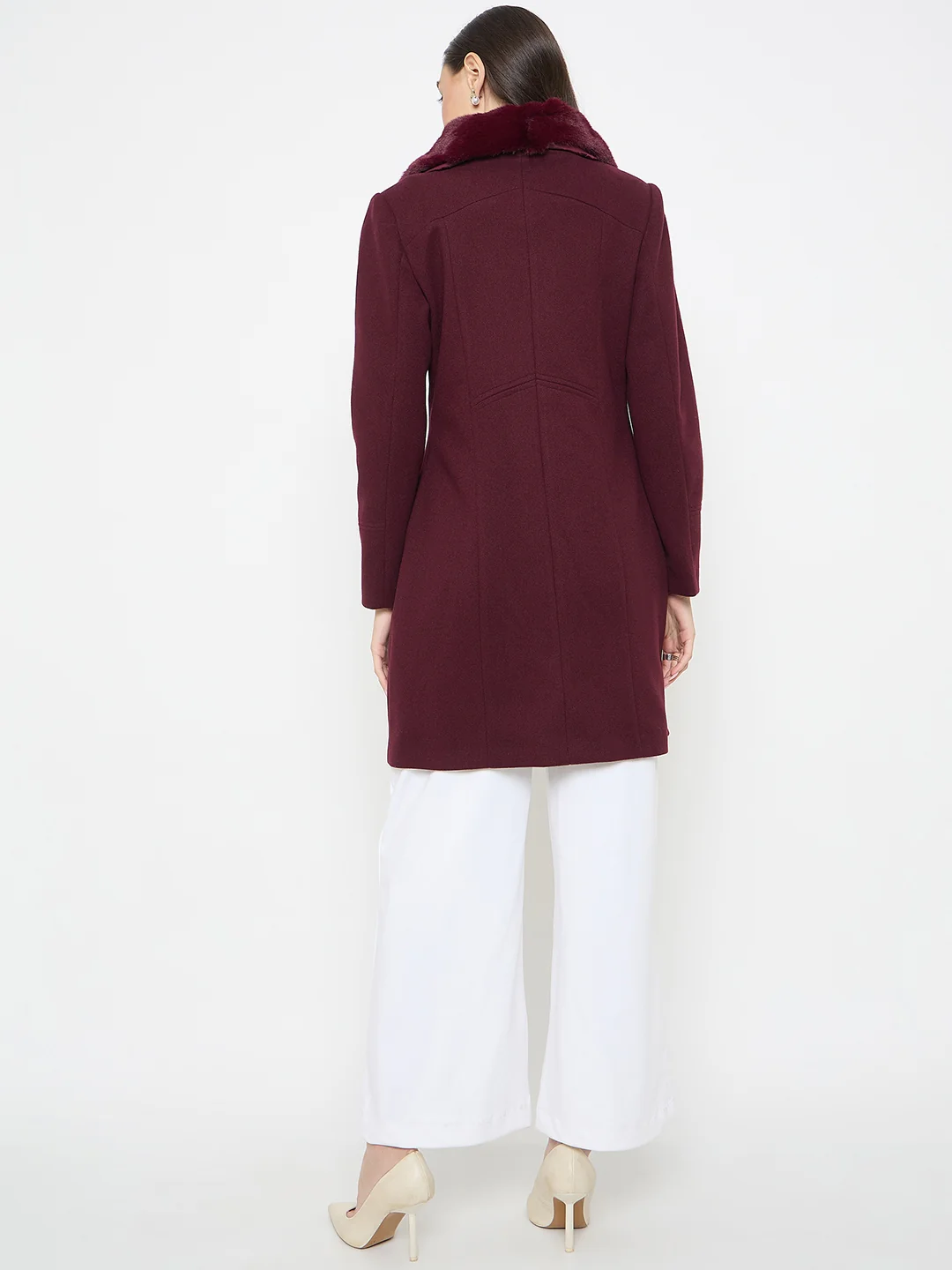Madame Faux Fur Neckline Maroon Long Coat - Image 7