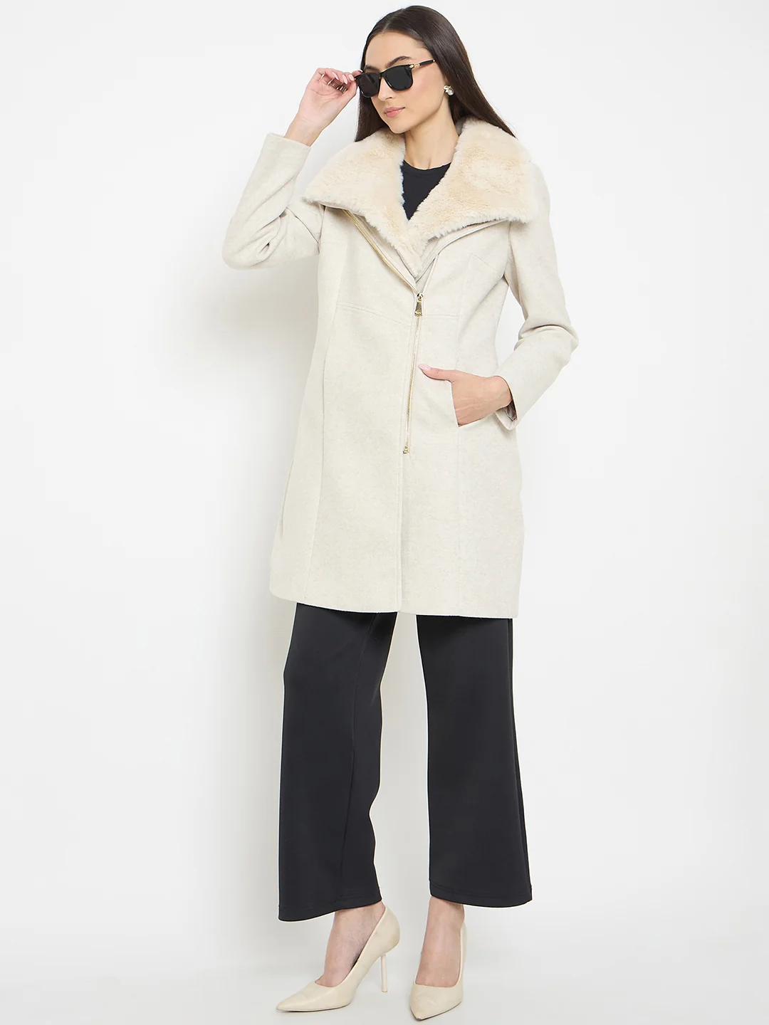 Madame Faux Fur Neckline Off White Long Coat - Image 2