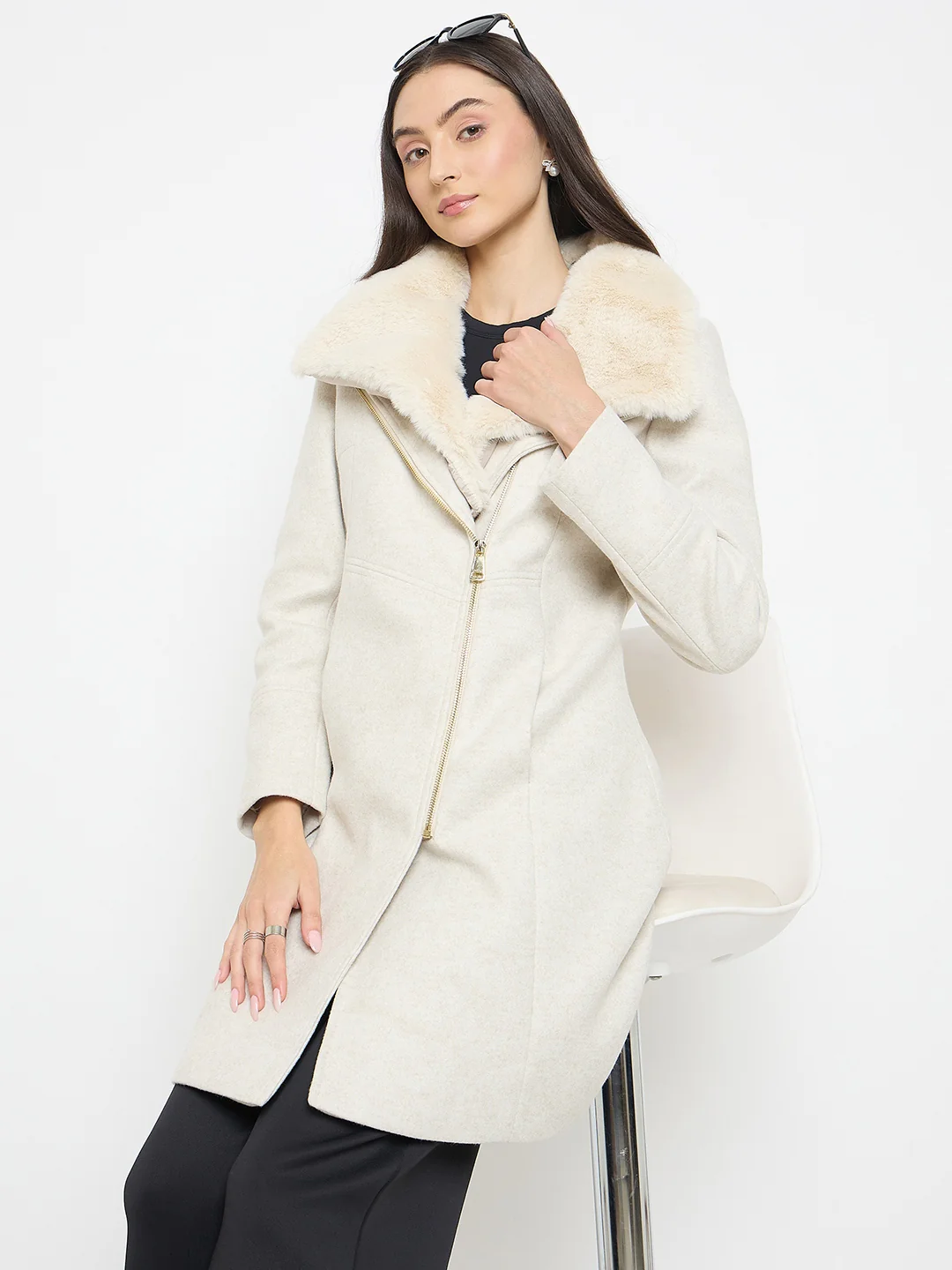 Madame Faux Fur Neckline Off White Long Coat - Image 3