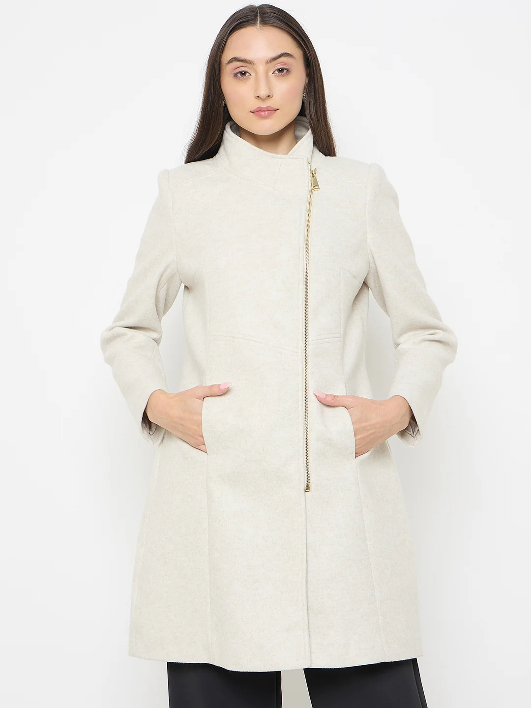 Madame Faux Fur Neckline Off White Long Coat - Image 4