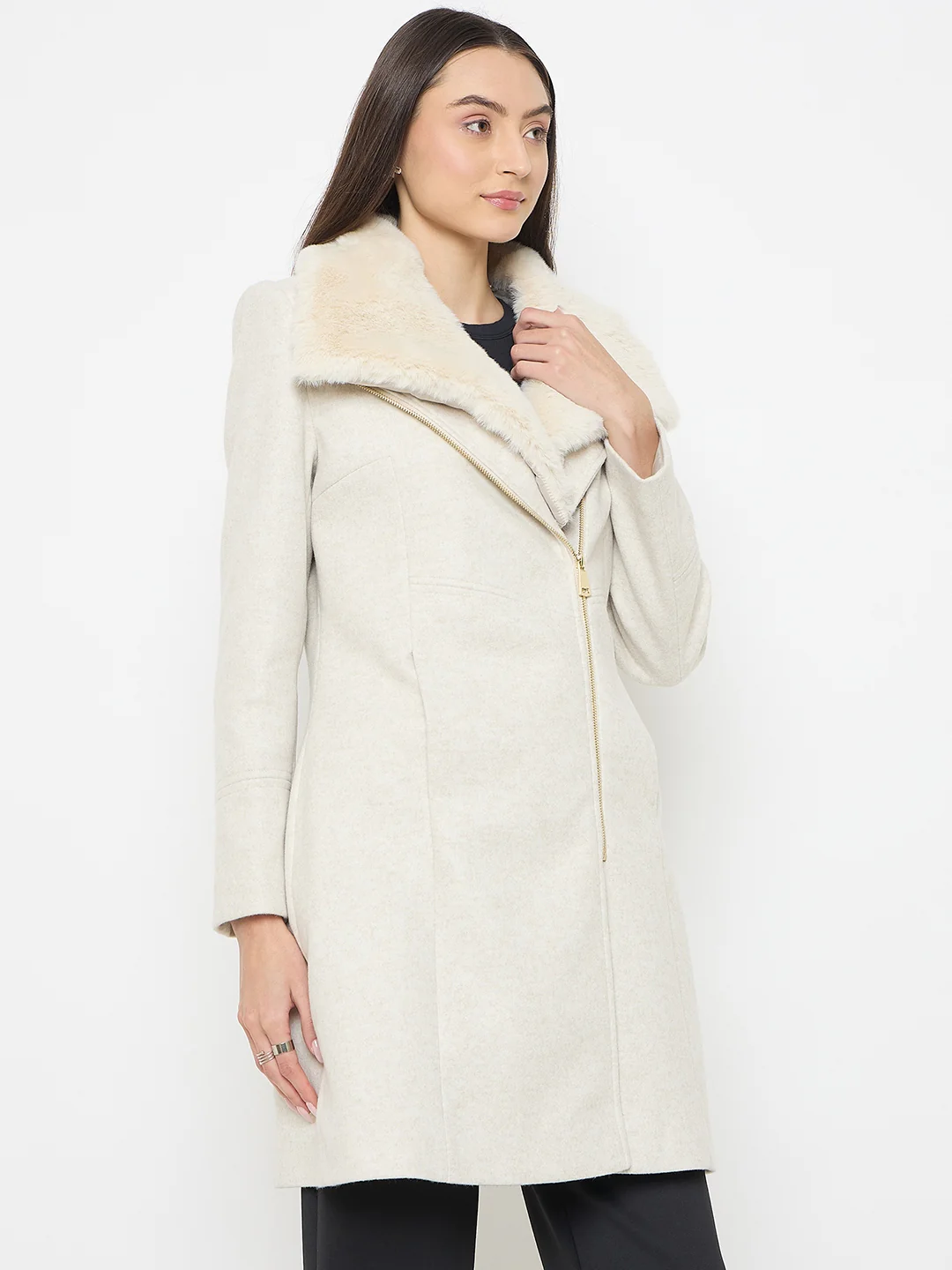 Madame Faux Fur Neckline Off White Long Coat - Image 5