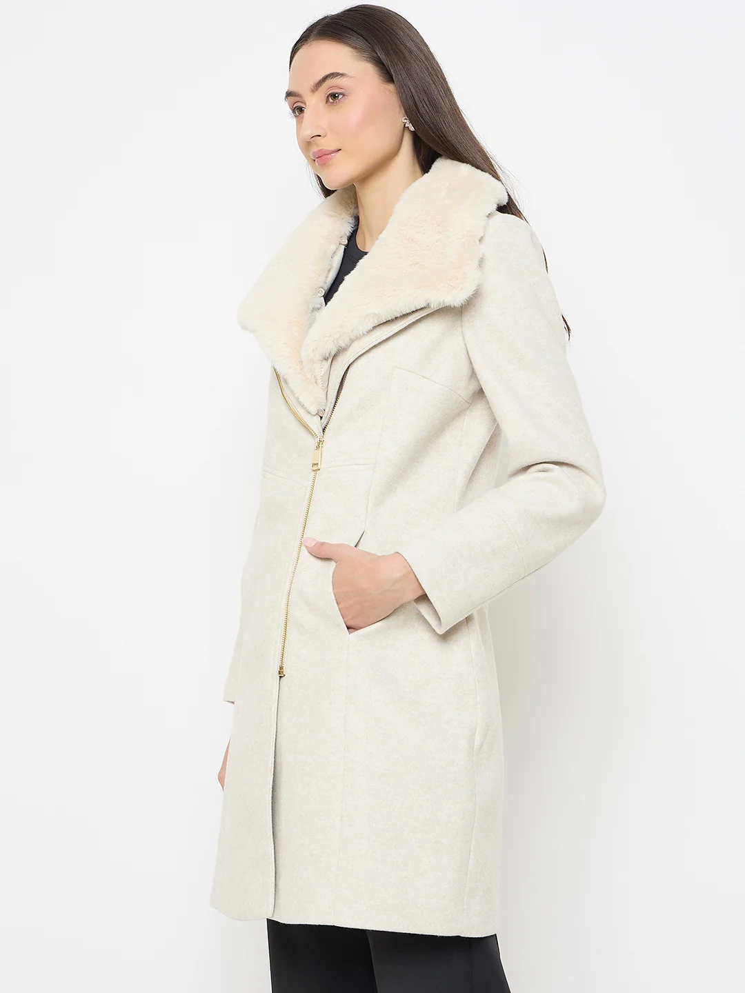 Madame Faux Fur Neckline Off White Long Coat - Image 6