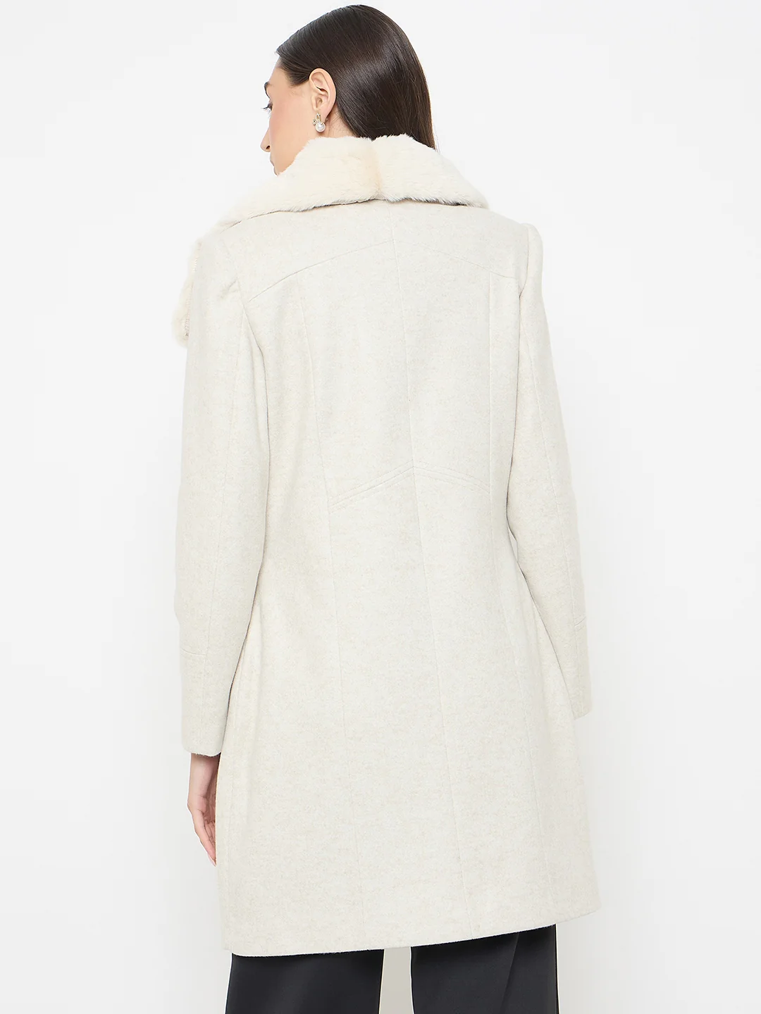 Madame Faux Fur Neckline Off White Long Coat - Image 7