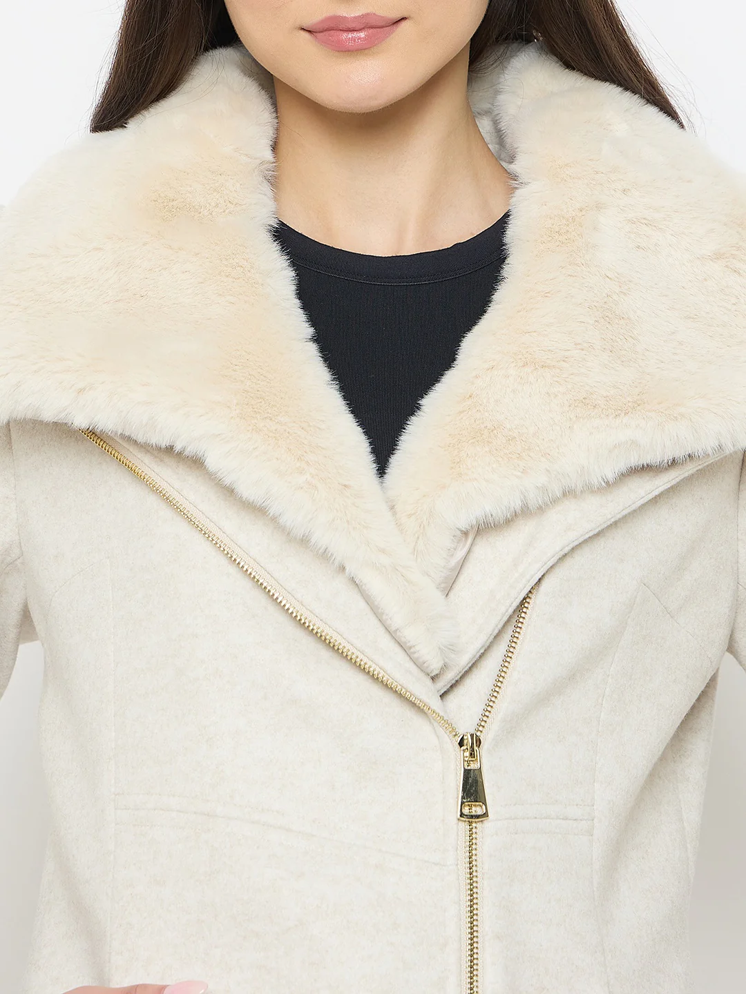 Madame Faux Fur Neckline Off White Long Coat - Image 8