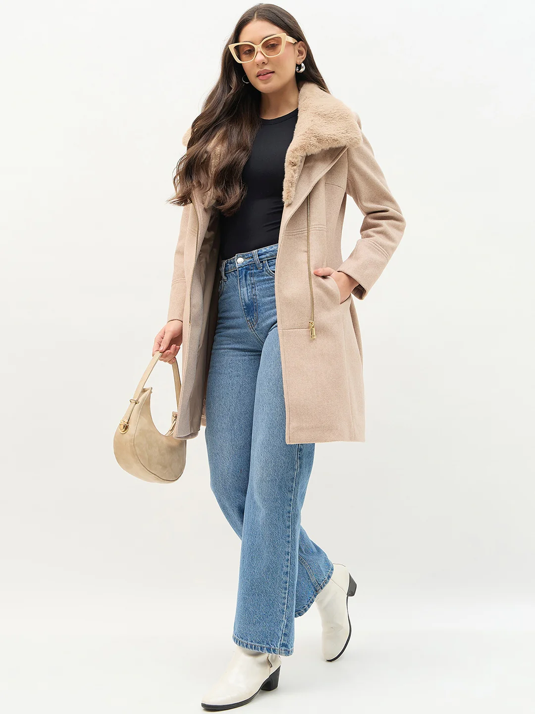 Madame Faux Fur Neckline Beige Long Coat - Image 3