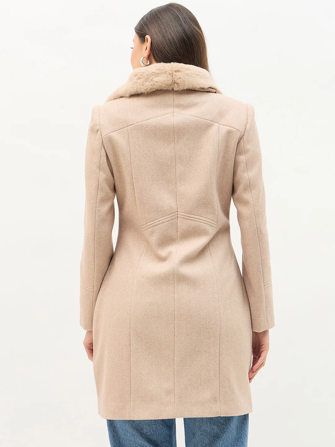 Madame Faux Fur Neckline Beige Long Coat - Image 6