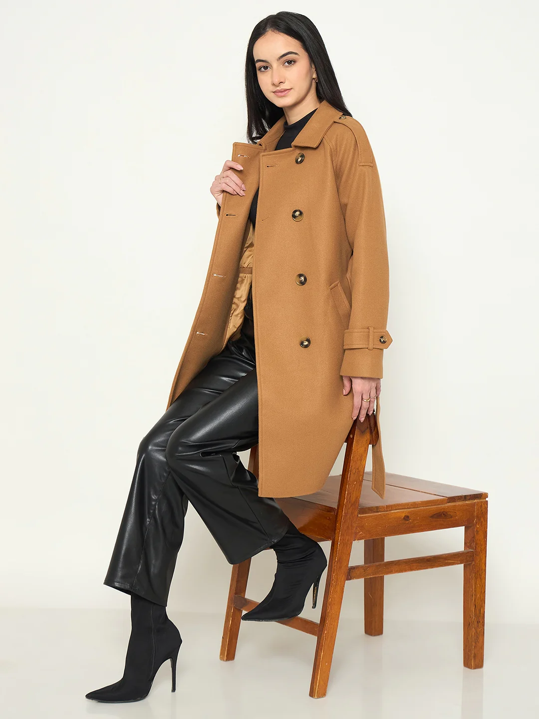 Madame Shirt Collar Khaki Long Coat with Buttons and Belt - Image 2