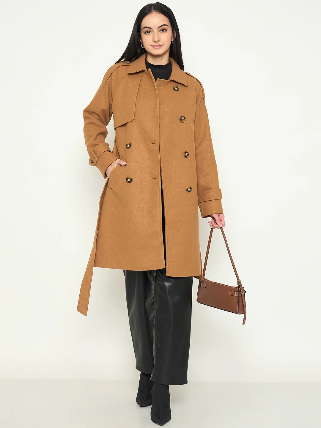 Madame Shirt Collar Khaki Long Coat with Buttons and Belt - Image 3