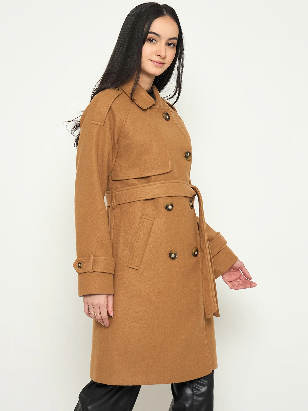 Madame Shirt Collar Khaki Long Coat with Buttons and Belt - Image 4