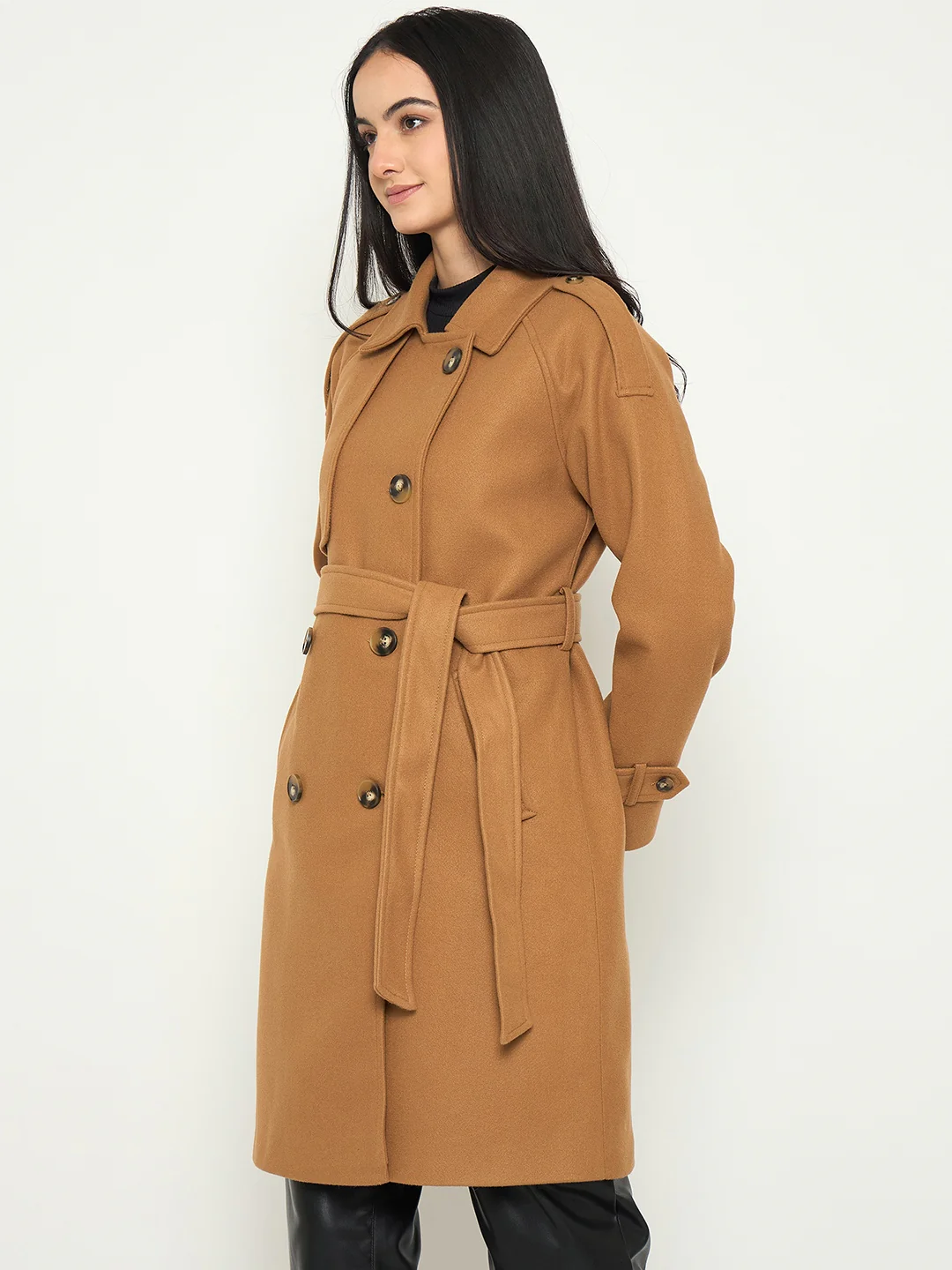 Madame Shirt Collar Khaki Long Coat with Buttons and Belt - Image 5