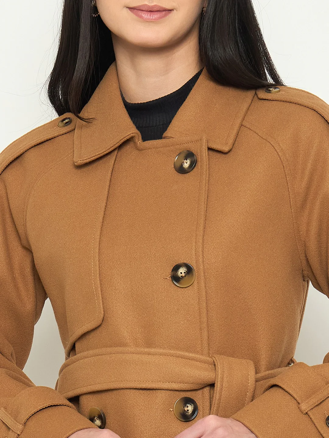 Madame Shirt Collar Khaki Long Coat with Buttons and Belt - Image 7