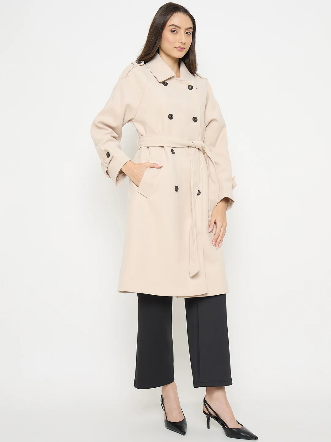 Madame Stand Collar Off White Long Coat - Image 4