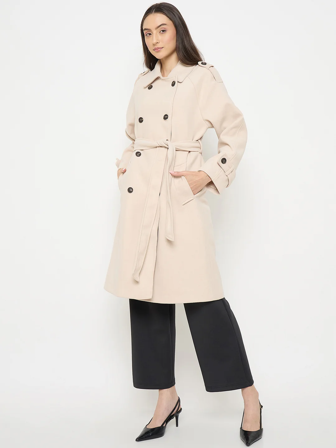 Madame Stand Collar Off White Long Coat - Image 5