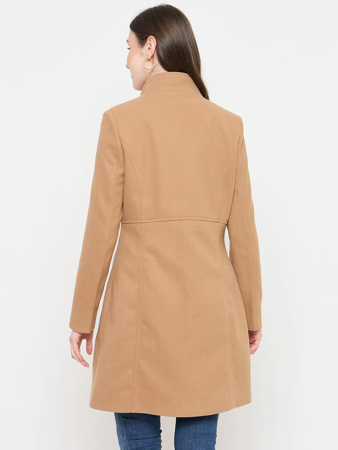 Madame Stand Collar Beige Long Coat with Buttons - Image 6