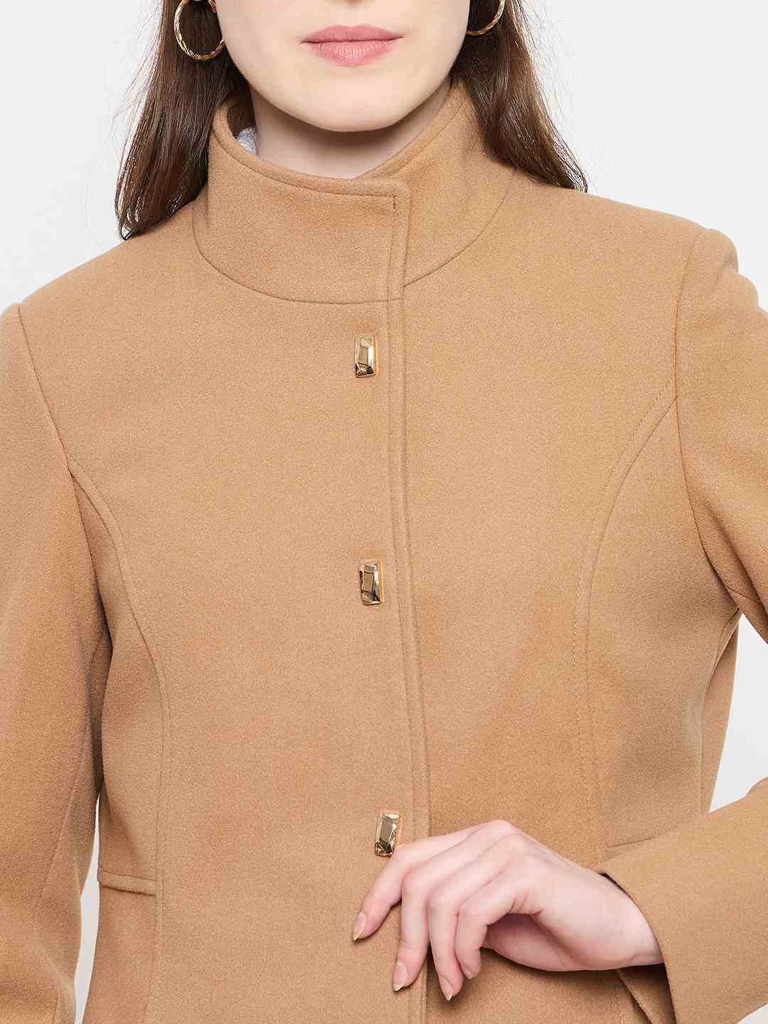 Madame Stand Collar Beige Long Coat with Buttons - Image 7